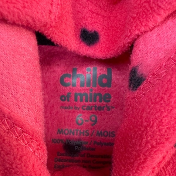 Carter's - NWOT - Pink Fleece Baby Onesie/hooded romper with Heart Accents - Picture 3 of 3